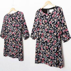 Amour Vert 100% Silk Floral Mini Shift Dress S Black Round Neck 3/4 Sleeves $218